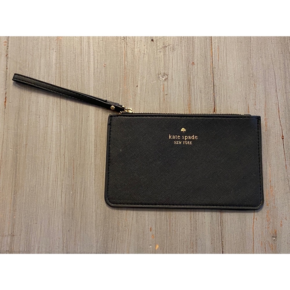 Kate Spade New York Black Saffiano Leather Wristlet Pouch Gold Hardware